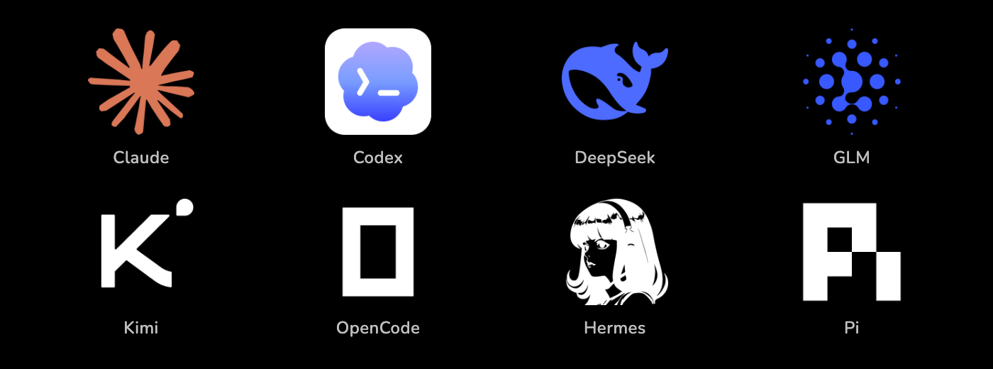 Real AI tool icons on black: Claude, Codex, DeepSeek, GLM, Kimi, OpenCode, Hermes, and Pi.