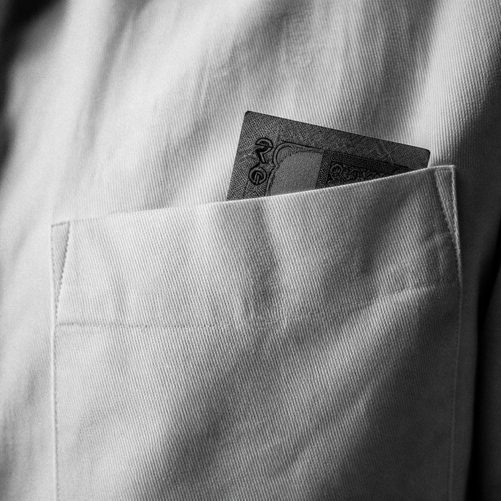 Indian rupee notes peek from a man's shirt pocket.