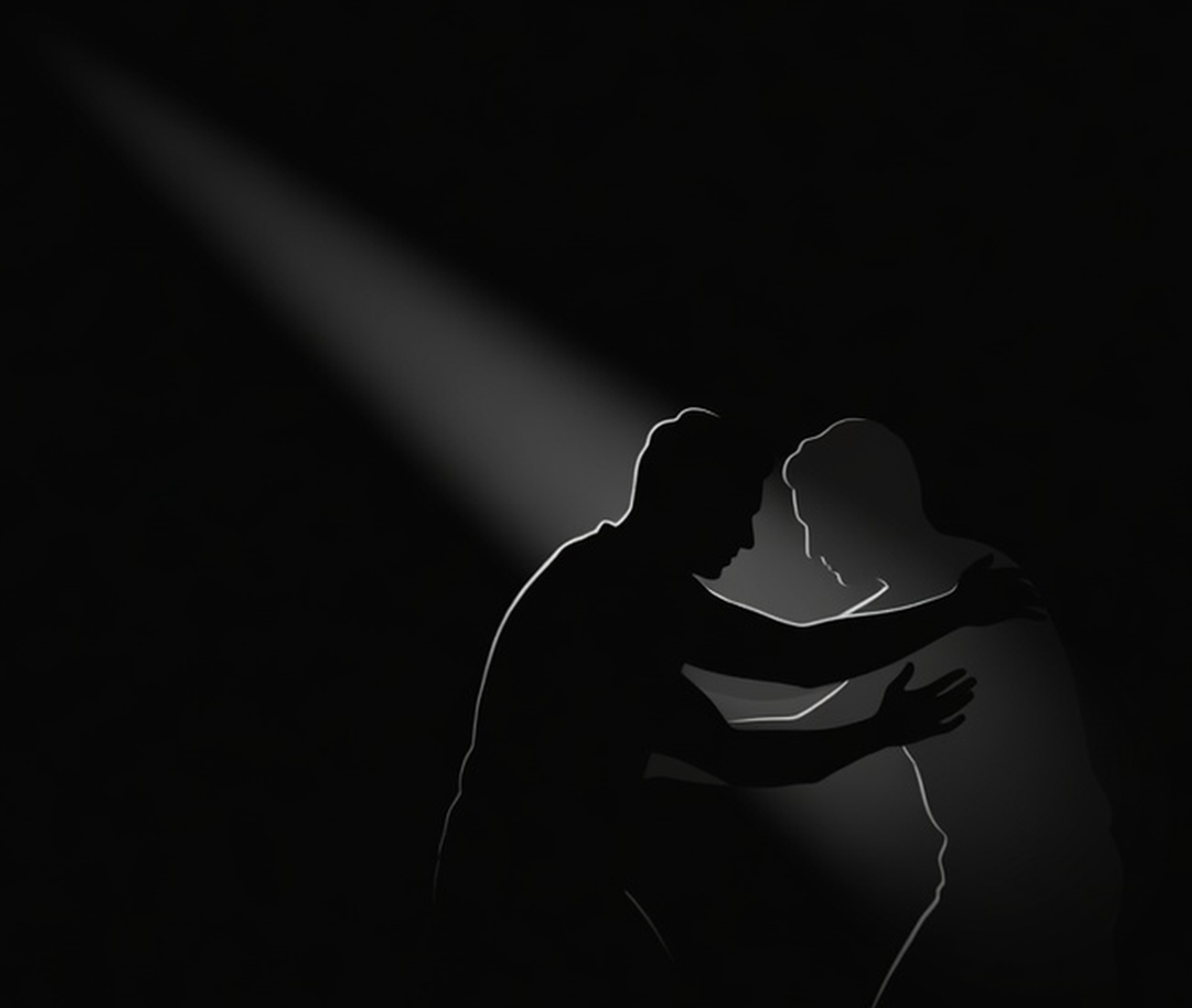 Two silhouettes locked in struggle in a beam of light. A battle with yourself.