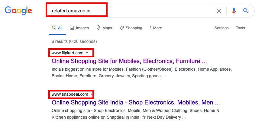 Find related websites on Google - Example Amazon